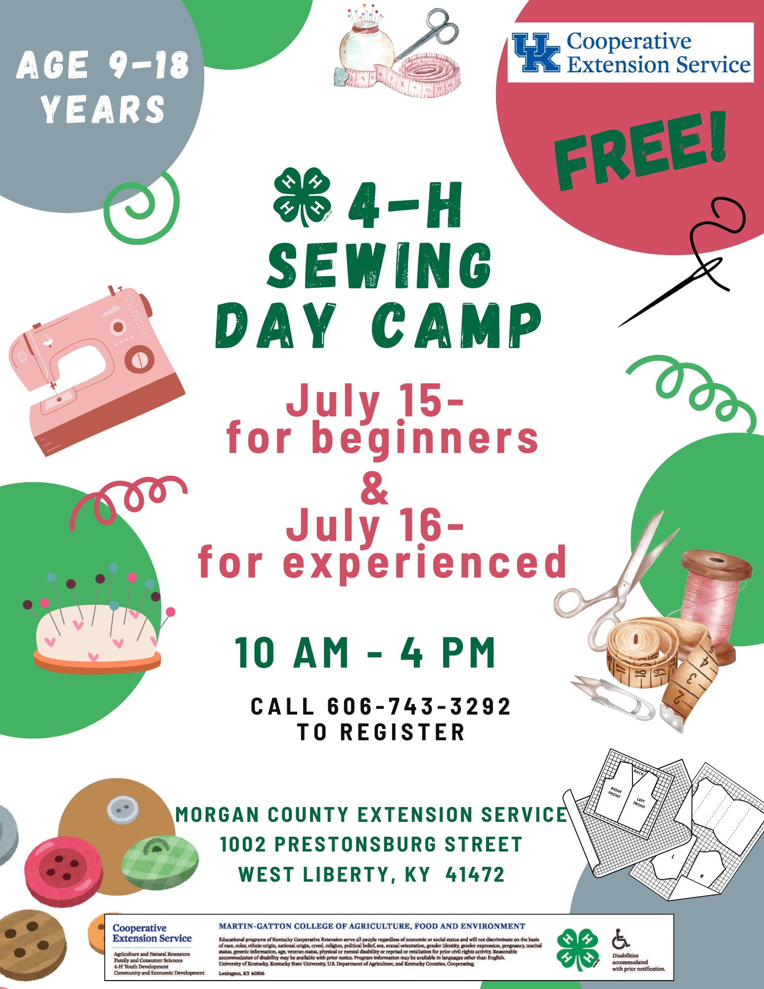 4-H Sewing Day Camp flyer