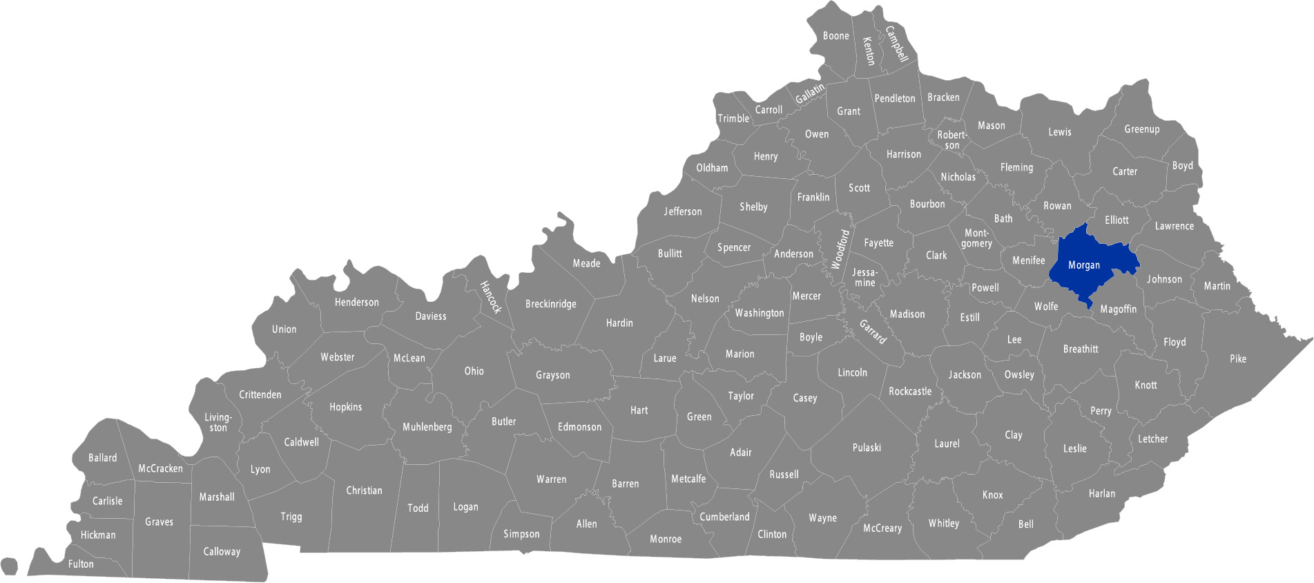 State of Kentucky map with Morgan County highlighted 
